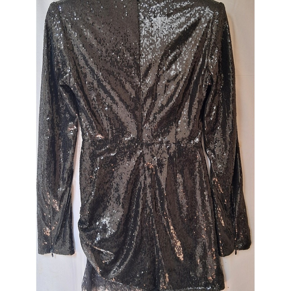 House‎ of CB Black Sequin Mock Neck Long Sleeve Ruched Lace Trim Mini Dress S - Picture 7 of 14